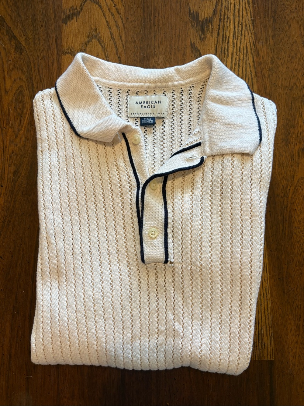 American Eagle Outfitters Cream Knit Polo with Navy Trim